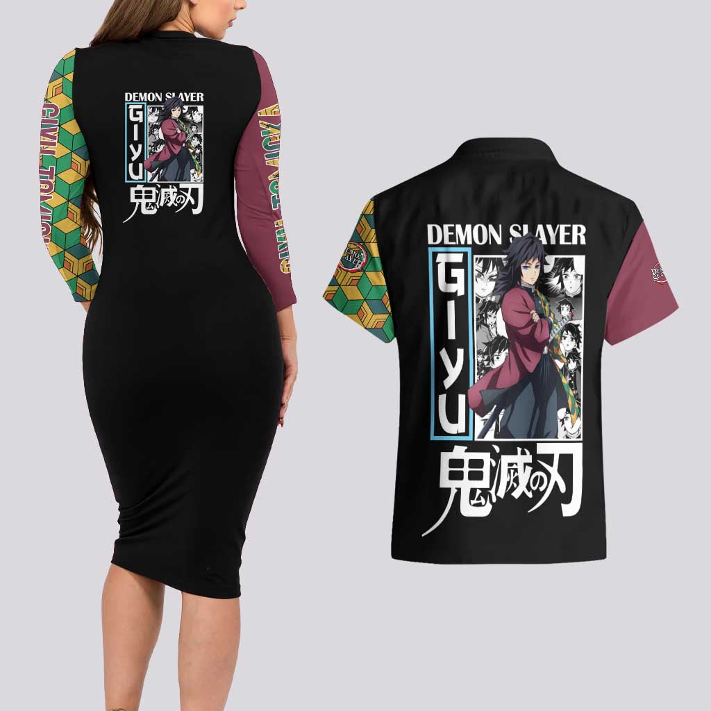 Giyu Tomioka V2 Demon Slayer Couples Matching Long Sleeve Bodycon Dress and Hawaiian Shirt Anime Style