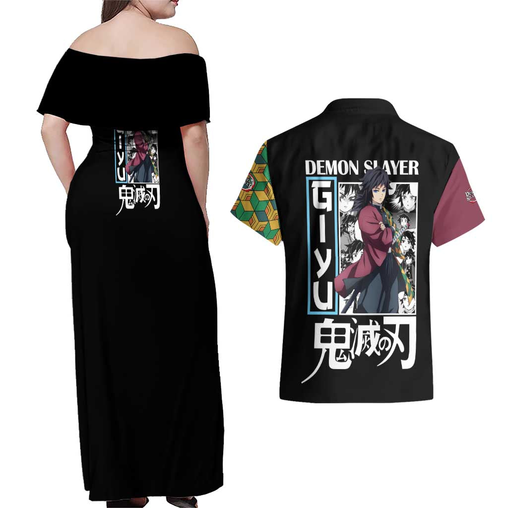 Giyu Tomioka V2 Demon Slayer Couples Matching Off Shoulder Maxi Dress and Hawaiian Shirt Anime Style