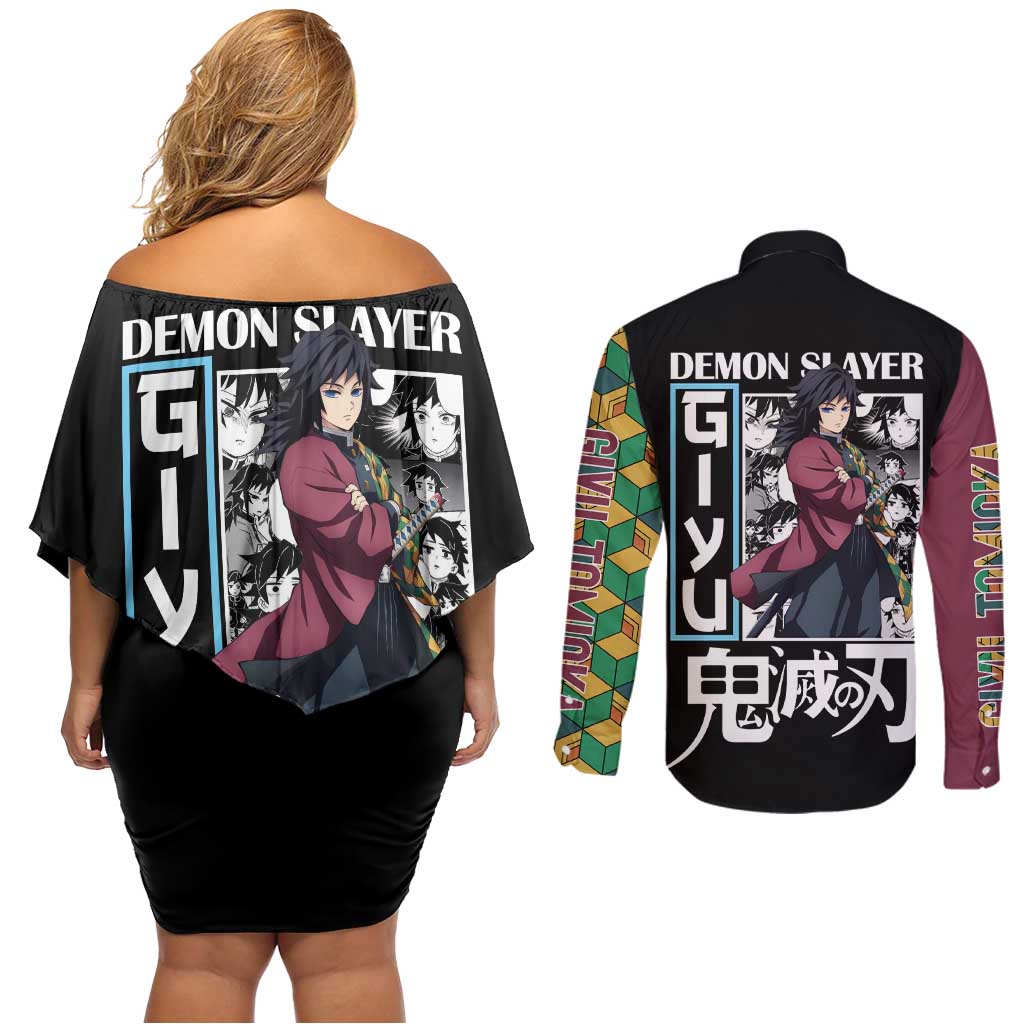 Giyu Tomioka V2 Demon Slayer Couples Matching Off Shoulder Short Dress and Long Sleeve Button Shirt Anime Style