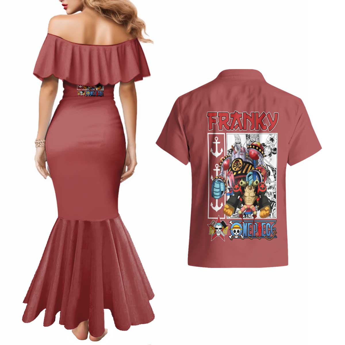 Franky One Piece Couples Matching Mermaid Dress and Hawaiian Shirt Anime Style
