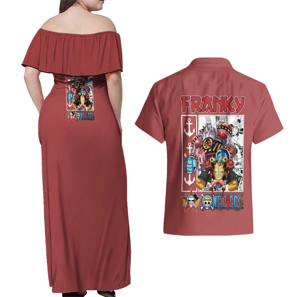 Franky One Piece Couples Matching Off Shoulder Maxi Dress and Hawaiian Shirt Anime Style