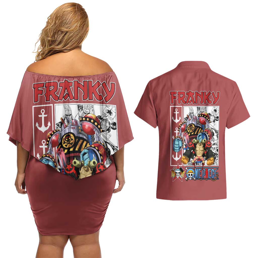 Franky One Piece Couples Matching Off Shoulder Short Dress and Hawaiian Shirt Anime Style