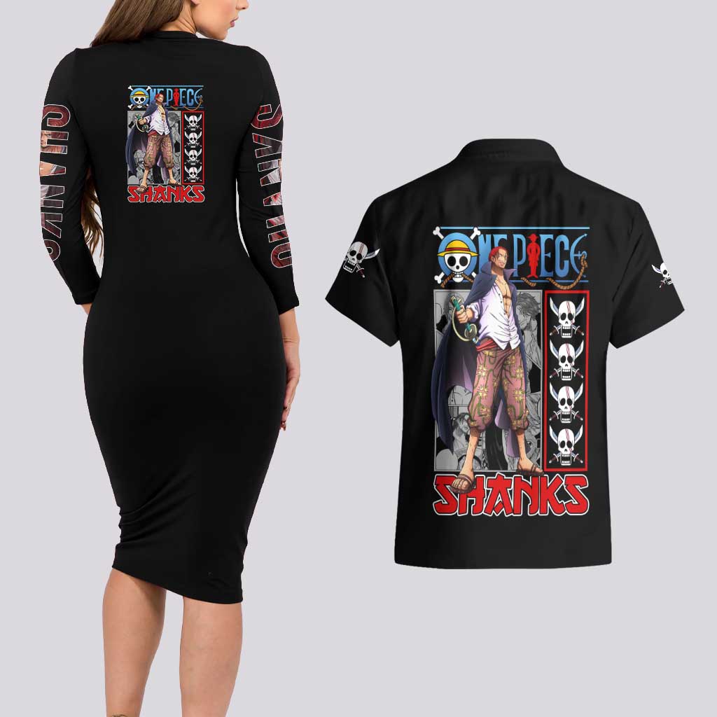 Shanks One Piece Couples Matching Long Sleeve Bodycon Dress and Hawaiian Shirt Anime Style