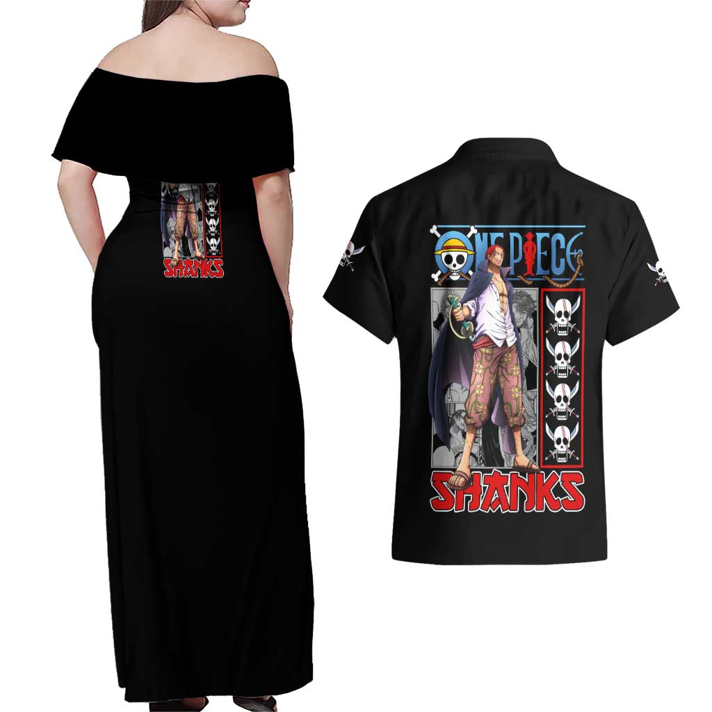 Shanks One Piece Couples Matching Off Shoulder Maxi Dress and Hawaiian Shirt Anime Style