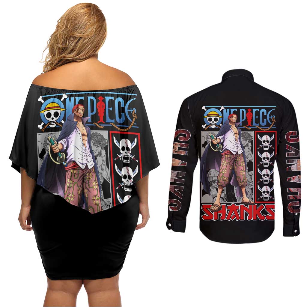 Shanks One Piece Couples Matching Off Shoulder Short Dress and Long Sleeve Button Shirt Anime Style