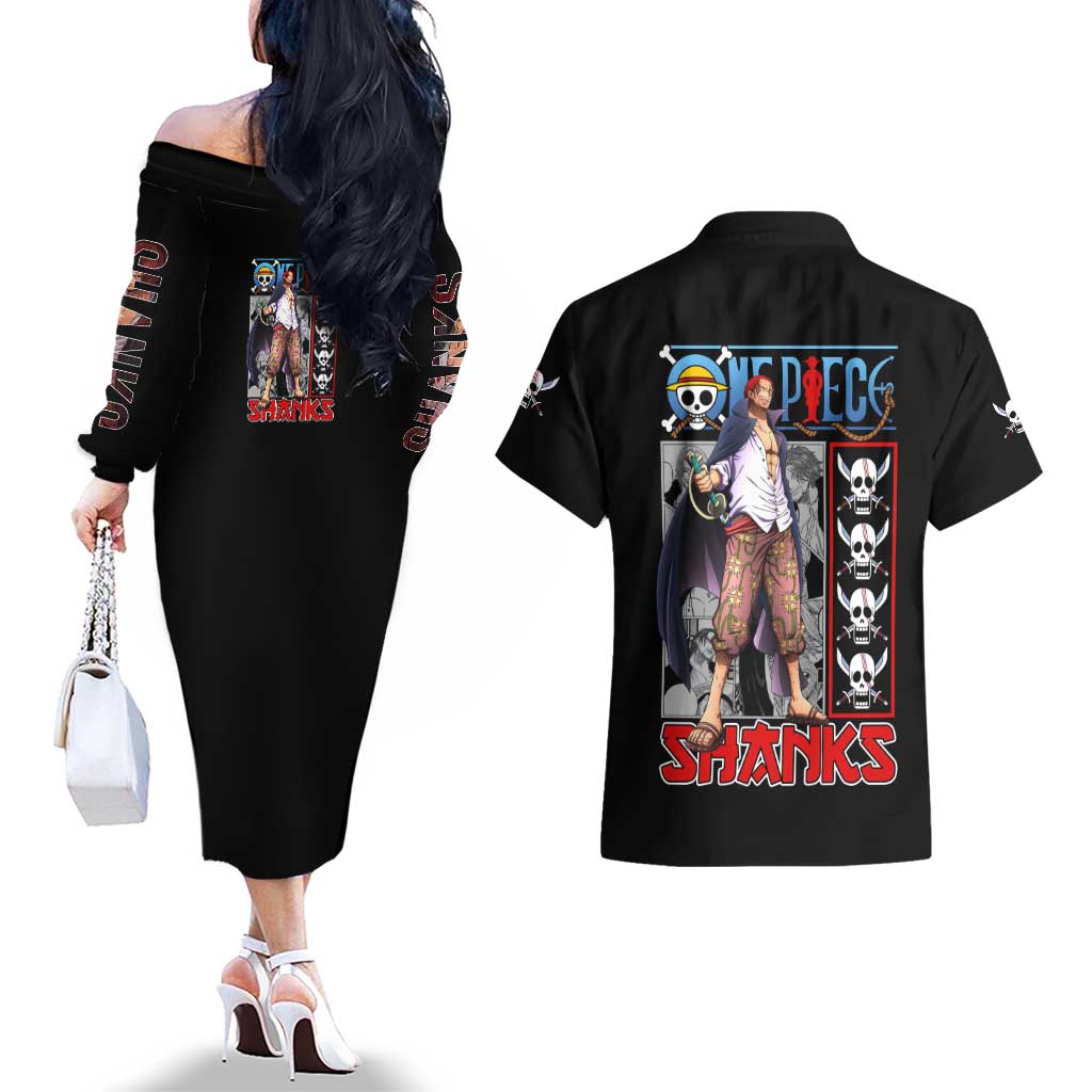 Shanks One Piece Couples Matching Off The Shoulder Long Sleeve Dress and Hawaiian Shirt Anime Style