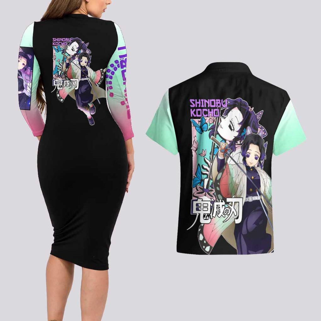 Shinobu Kocho Kimesu No Yaiba Couples Matching Long Sleeve Bodycon Dress and Hawaiian Shirt Japan Anime Style