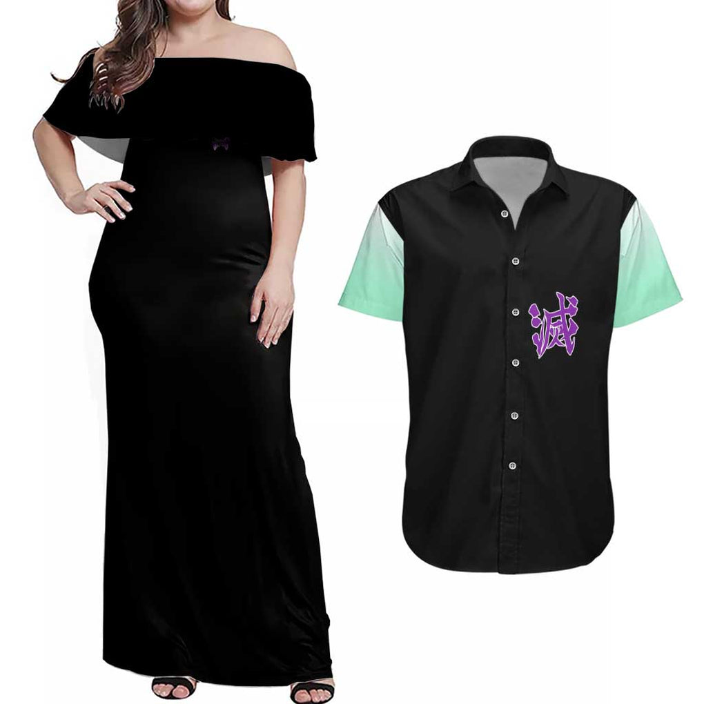 Shinobu Kocho Kimesu No Yaiba Couples Matching Off Shoulder Maxi Dress and Hawaiian Shirt Japan Anime Style