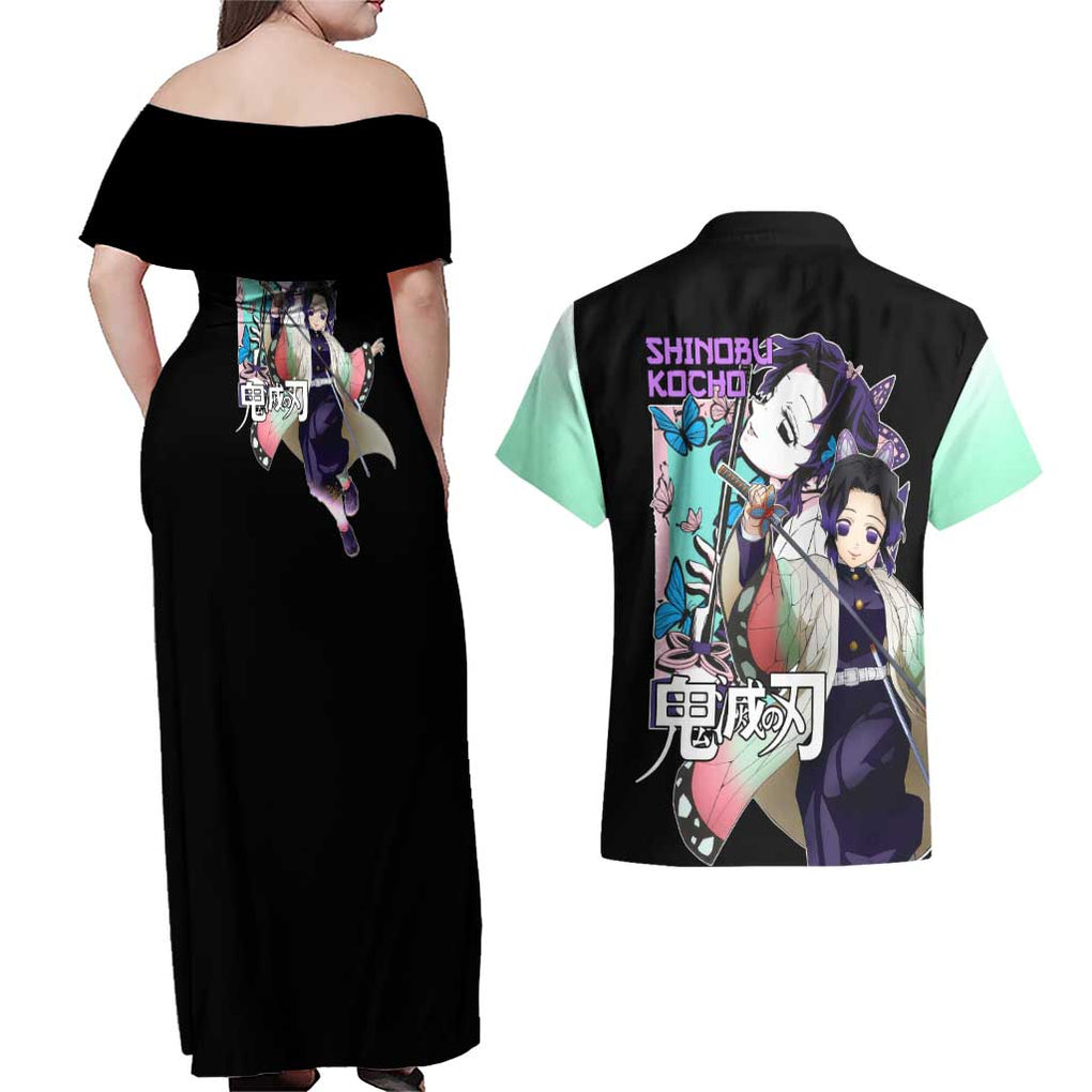 Shinobu Kocho Kimesu No Yaiba Couples Matching Off Shoulder Maxi Dress and Hawaiian Shirt Japan Anime Style