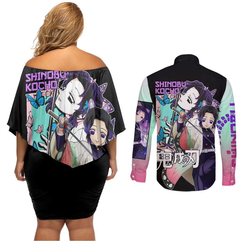 Shinobu Kocho Kimesu No Yaiba Couples Matching Off Shoulder Short Dress and Long Sleeve Button Shirt Japan Anime Style
