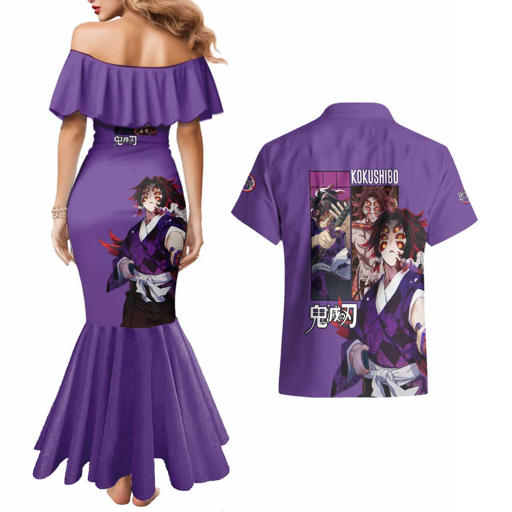 Kokushibo Kimesu No Yaiba Couples Matching Mermaid Dress and Hawaiian Shirt Japan Anime Style