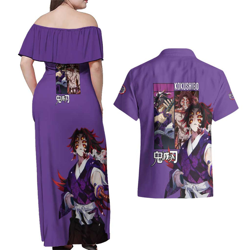 Kokushibo Kimesu No Yaiba Couples Matching Off Shoulder Maxi Dress and Hawaiian Shirt Japan Anime Style