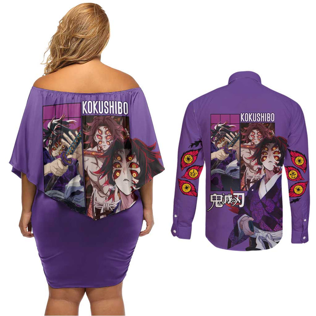 Kokushibo Kimesu No Yaiba Couples Matching Off Shoulder Short Dress and Long Sleeve Button Shirt Japan Anime Style