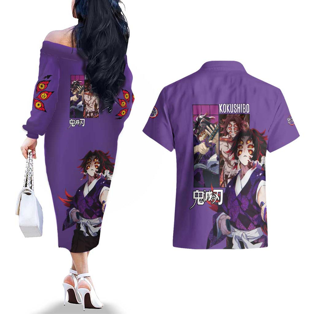 Kokushibo Kimesu No Yaiba Couples Matching Off The Shoulder Long Sleeve Dress and Hawaiian Shirt Japan Anime Style
