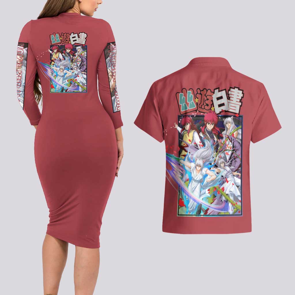Yoko Kurama Yuyu Hakusho Couples Matching Long Sleeve Bodycon Dress and Hawaiian Shirt Anime Style