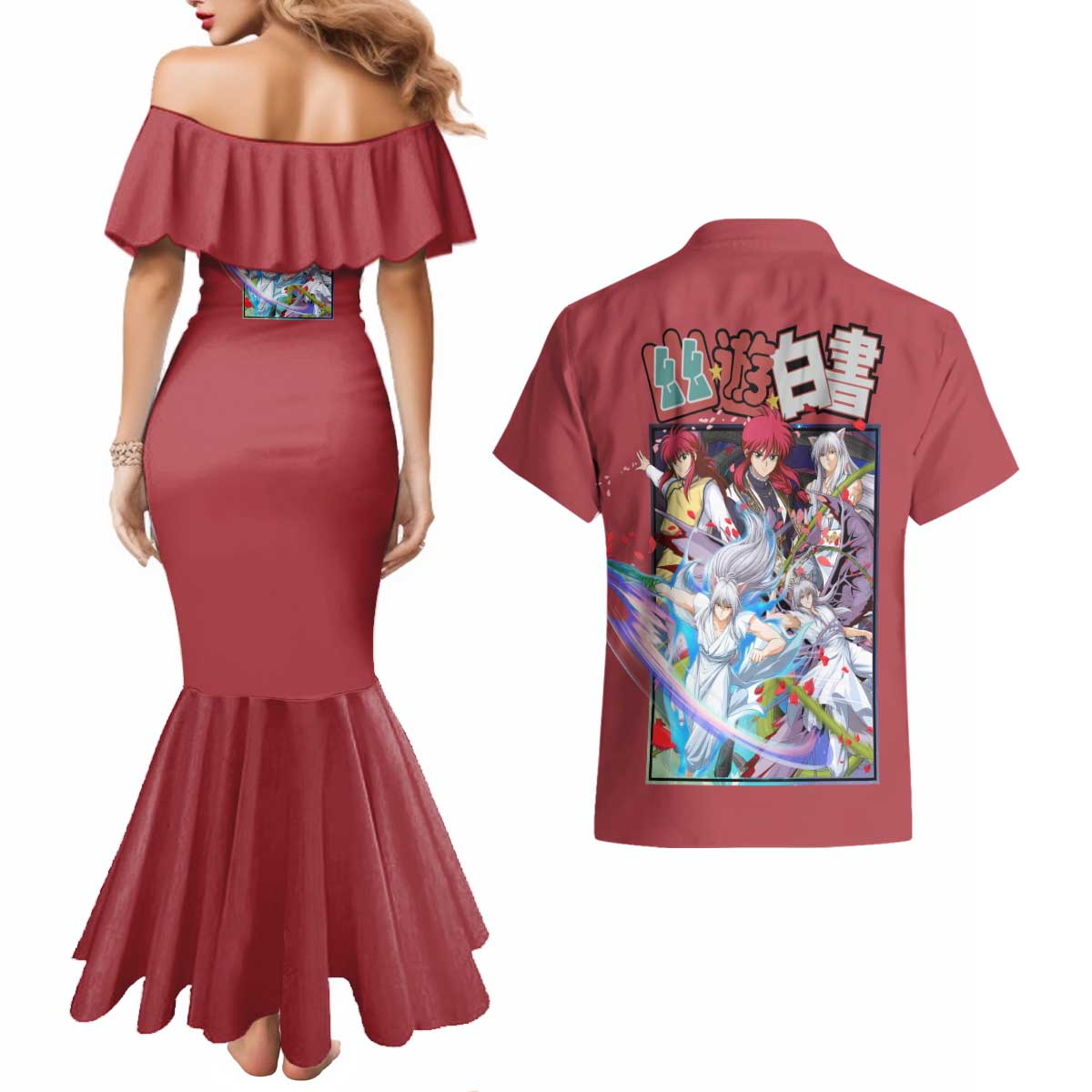 Yoko Kurama Yuyu Hakusho Couples Matching Mermaid Dress and Hawaiian Shirt Anime Style