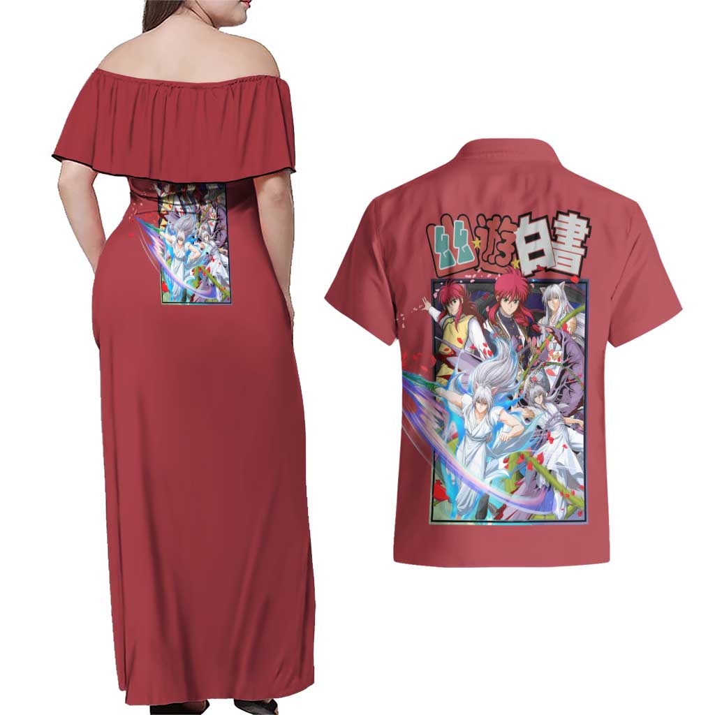 Yoko Kurama Yuyu Hakusho Couples Matching Off Shoulder Maxi Dress and Hawaiian Shirt Anime Style