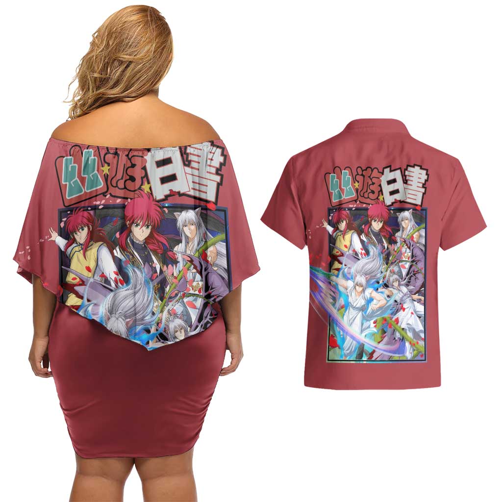 Yoko Kurama Yuyu Hakusho Couples Matching Off Shoulder Short Dress and Hawaiian Shirt Anime Style