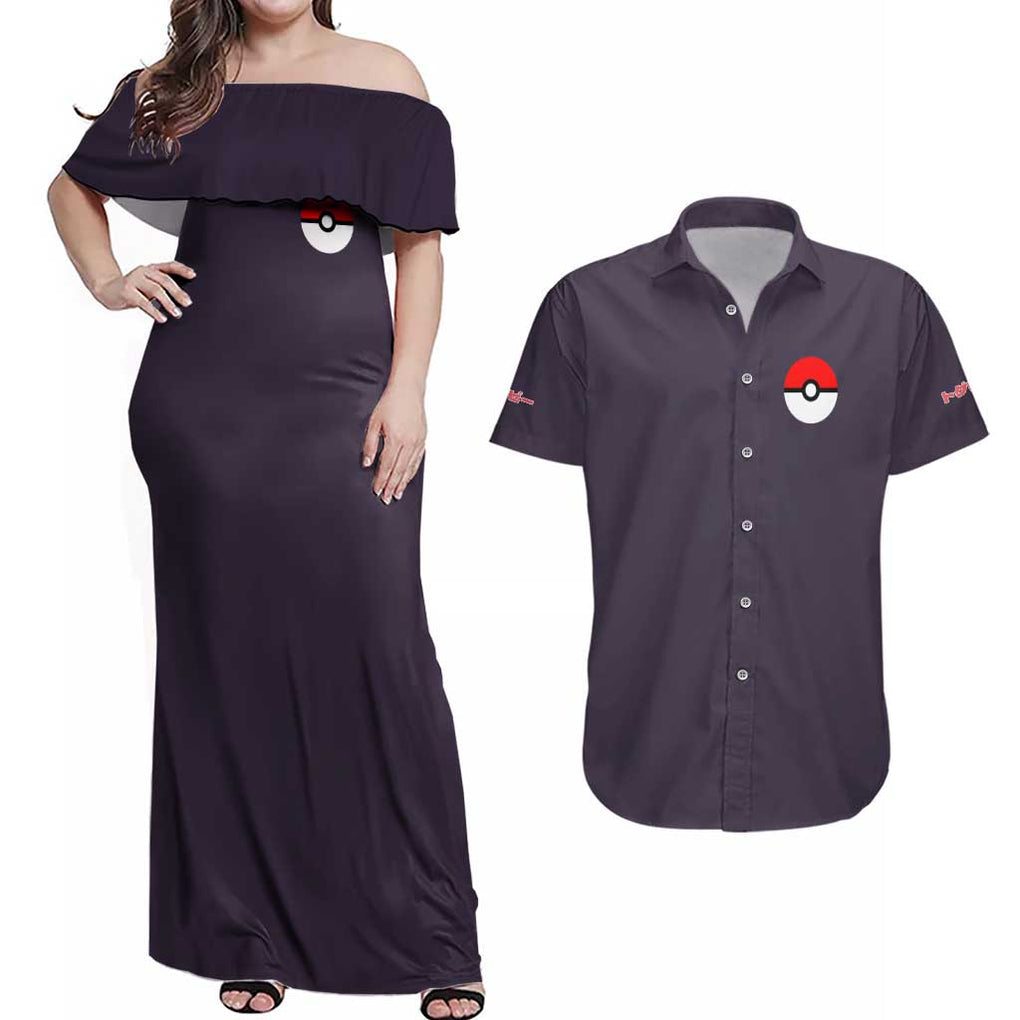 Togepi - Poke Couples Matching Off Shoulder Maxi Dress and Hawaiian Shirt Anime Style