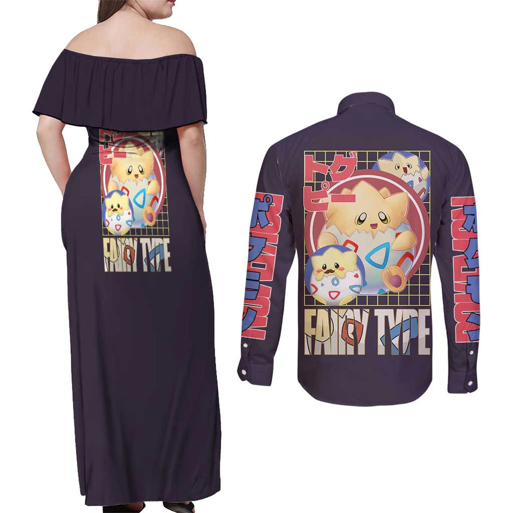 Togepi - Poke Couples Matching Off Shoulder Maxi Dress and Long Sleeve Button Shirt Anime Style