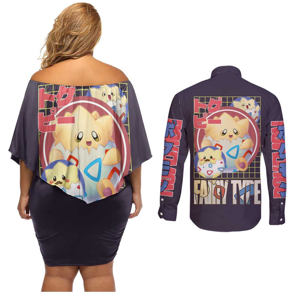 Togepi - Poke Couples Matching Off Shoulder Short Dress and Long Sleeve Button Shirt Anime Style