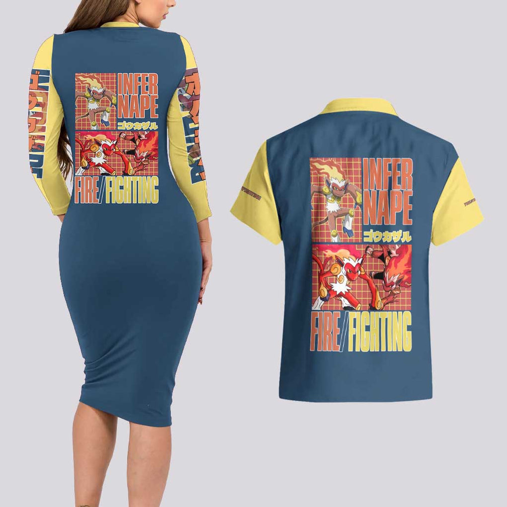 Infernape - Poke Couples Matching Long Sleeve Bodycon Dress and Hawaiian Shirt Anime Style