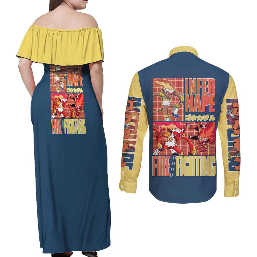 Infernape - Poke Couples Matching Off Shoulder Maxi Dress and Long Sleeve Button Shirt Anime Style