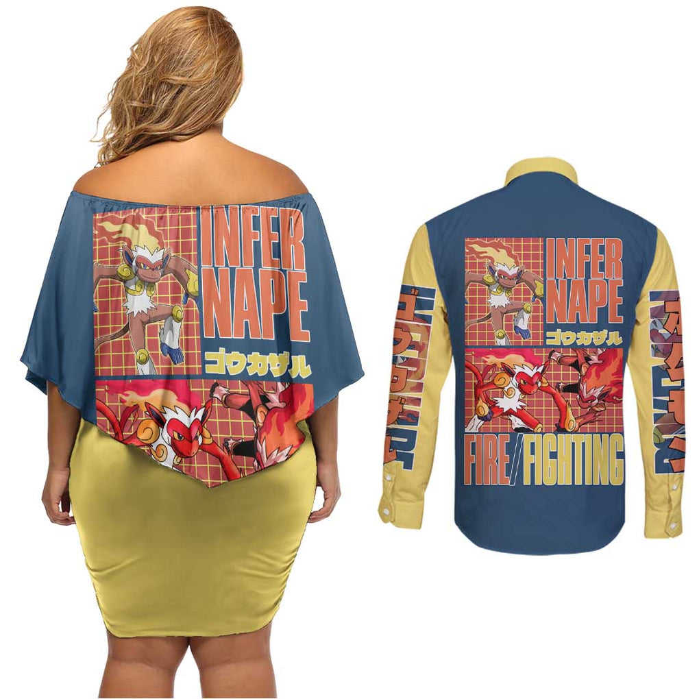 Infernape - Poke Couples Matching Off Shoulder Short Dress and Long Sleeve Button Shirt Anime Style