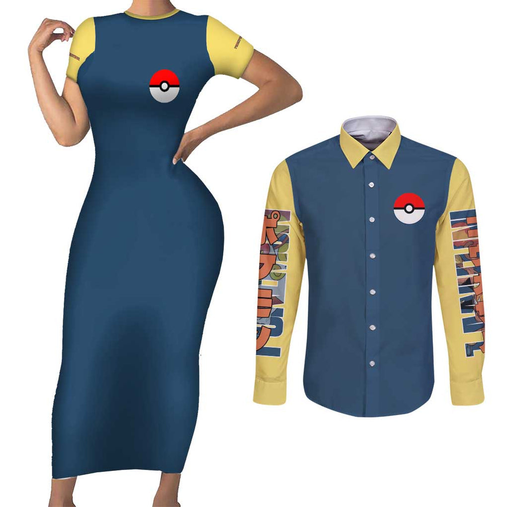 Infernape - Poke Couples Matching Short Sleeve Bodycon Dress and Long Sleeve Button Shirt Anime Style