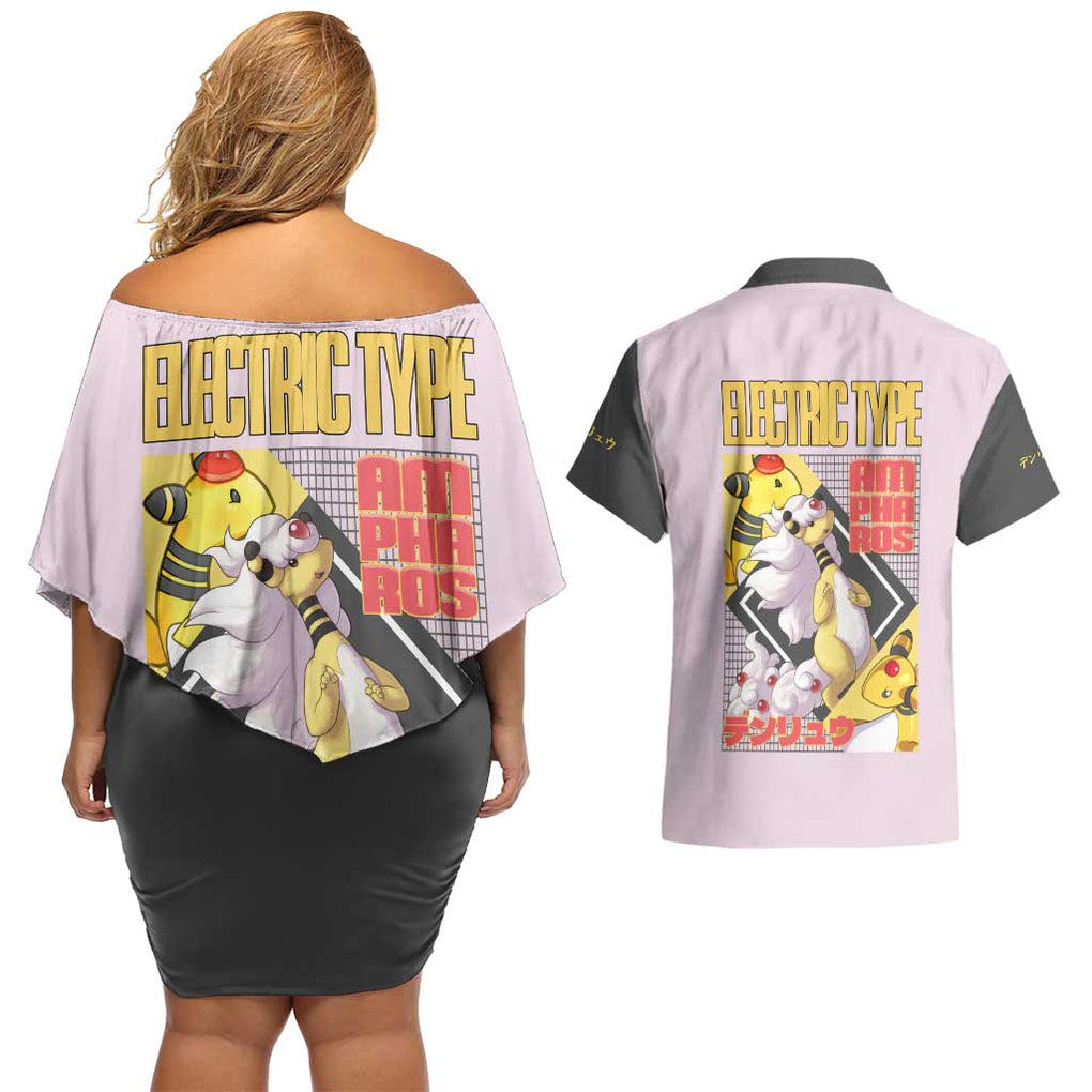 Ampharos - Poke Couples Matching Off Shoulder Short Dress and Hawaiian Shirt Anime Style