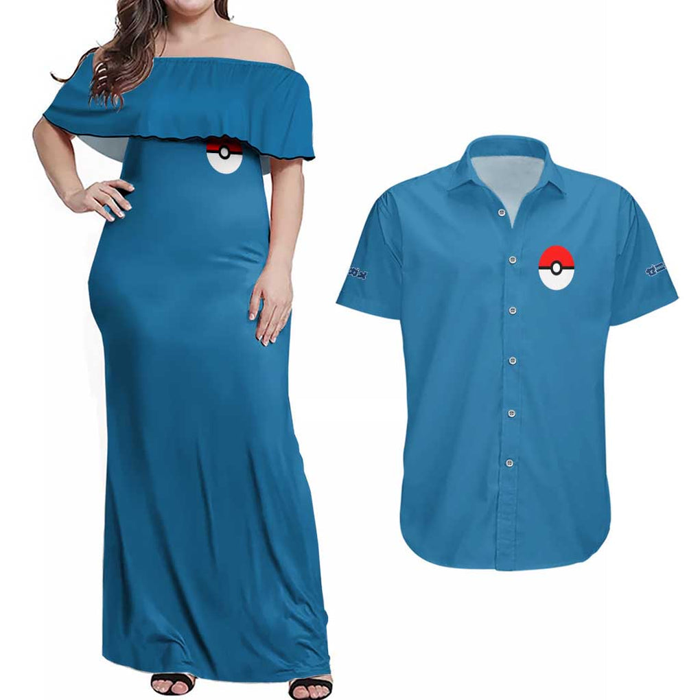 Squirtle Poke Couples Matching Off Shoulder Maxi Dress and Hawaiian Shirt Anime Style