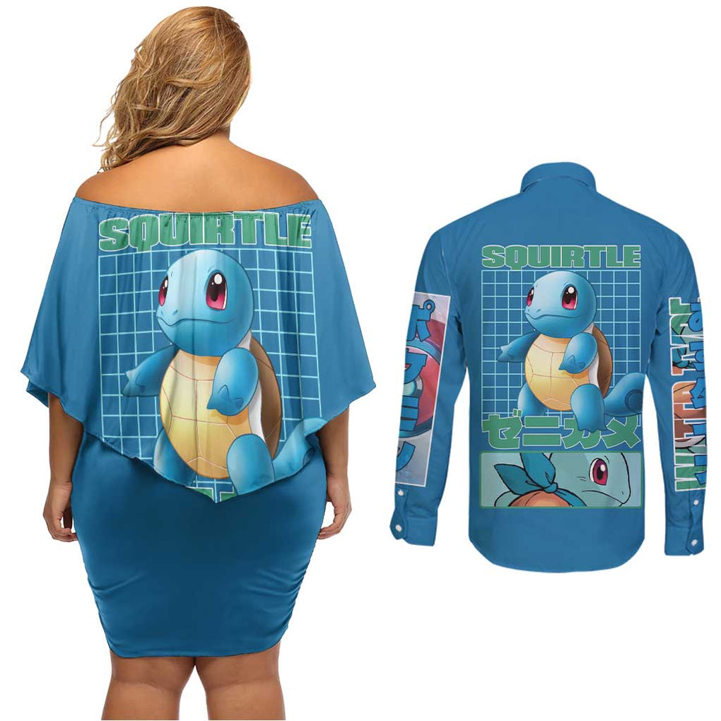 Squirtle Poke Couples Matching Off Shoulder Short Dress and Long Sleeve Button Shirt Anime Style
