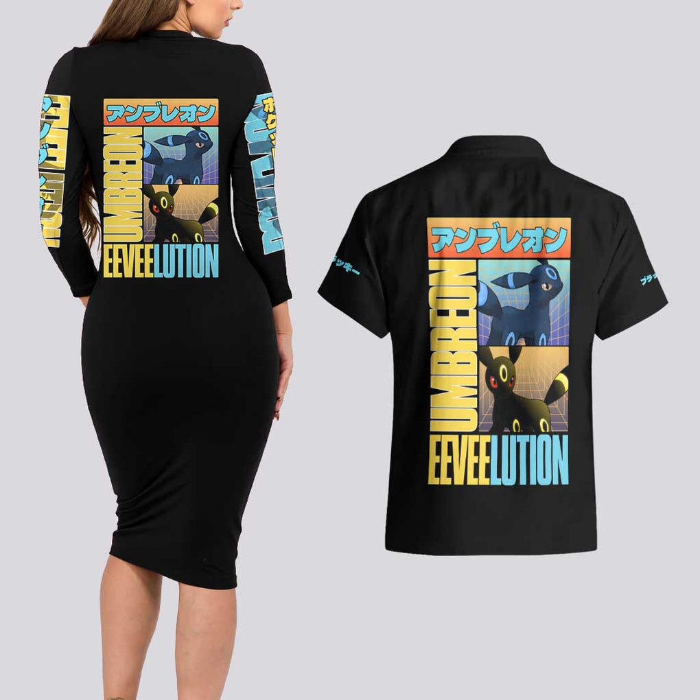 Umbreon Poke Couples Matching Long Sleeve Bodycon Dress and Hawaiian Shirt Anime Style