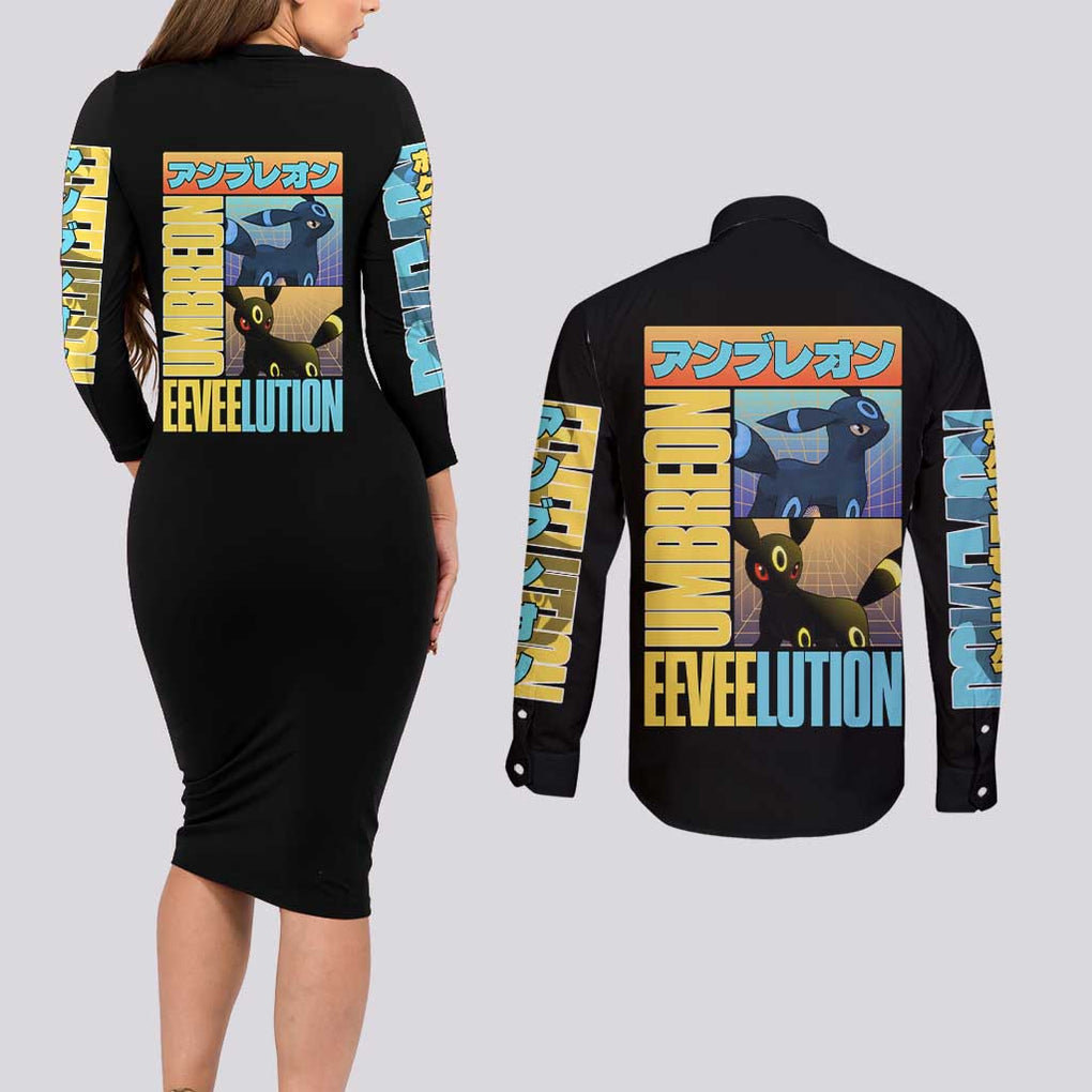 Umbreon Poke Couples Matching Long Sleeve Bodycon Dress and Long Sleeve Button Shirt Anime Style