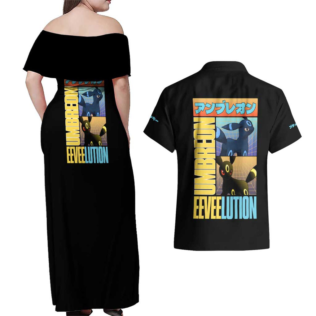 Umbreon Poke Couples Matching Off Shoulder Maxi Dress and Hawaiian Shirt Anime Style