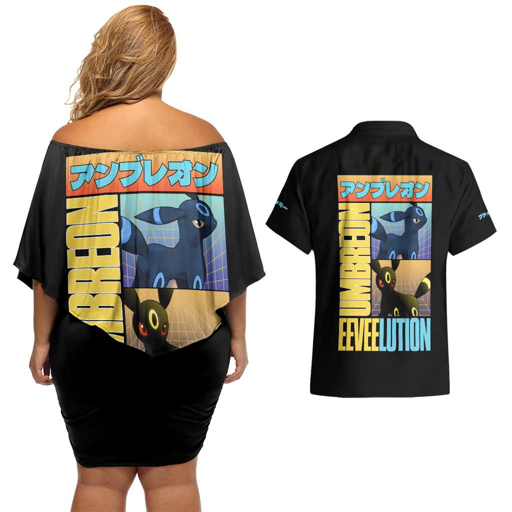 Umbreon Poke Couples Matching Off Shoulder Short Dress and Hawaiian Shirt Anime Style