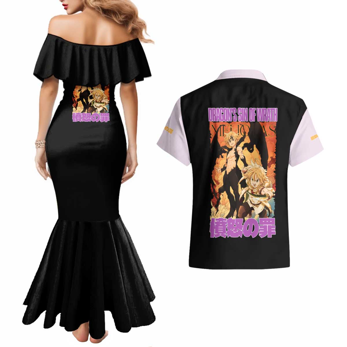 Meliodas Seven Deadly Sins Couples Matching Mermaid Dress and Hawaiian Shirt Anime Style
