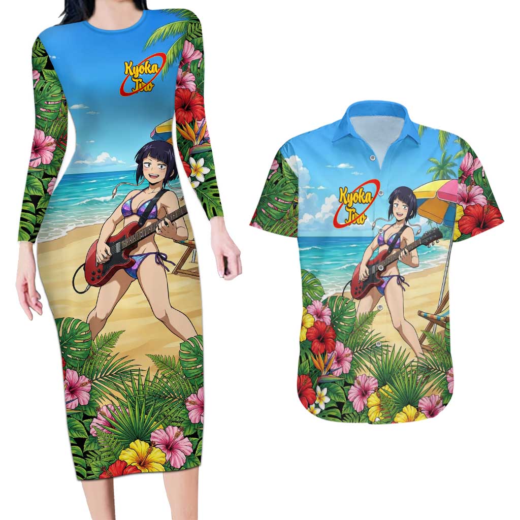 Kyoka Jiro Summer Chill Couples Matching Long Sleeve Bodycon Dress and Hawaiian Shirt Tropical Anime Rock Vibes