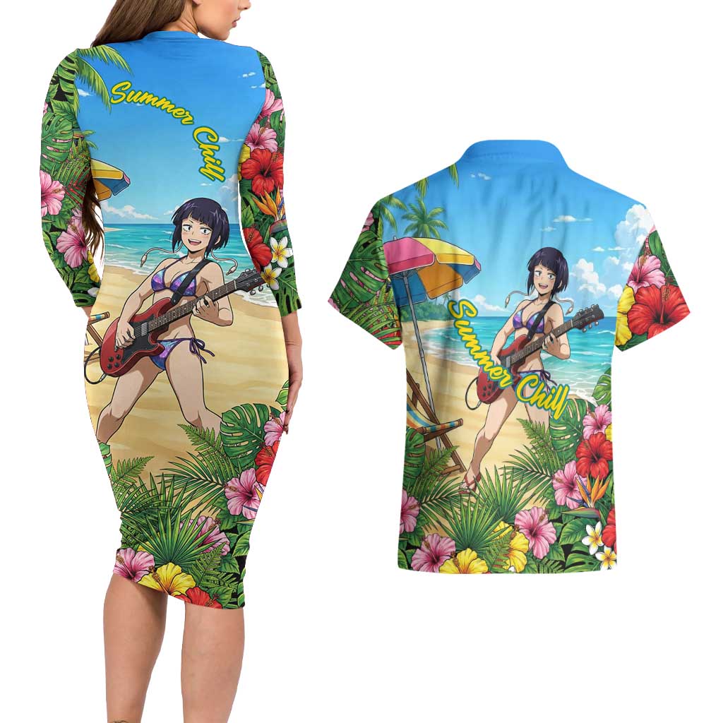 Kyoka Jiro Summer Chill Couples Matching Long Sleeve Bodycon Dress and Hawaiian Shirt Tropical Anime Rock Vibes