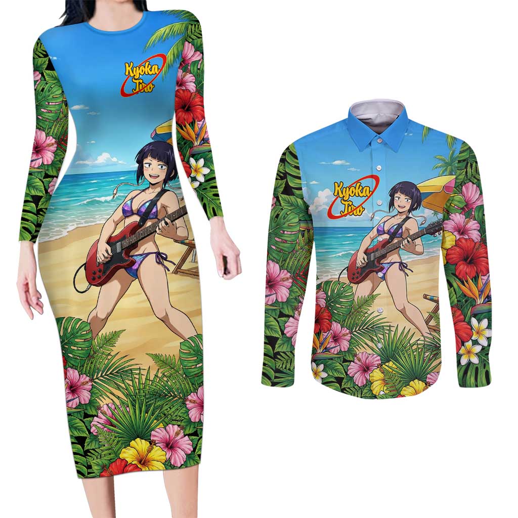 Kyoka Jiro Summer Chill Couples Matching Long Sleeve Bodycon Dress and Long Sleeve Button Shirt Tropical Anime Rock Vibes