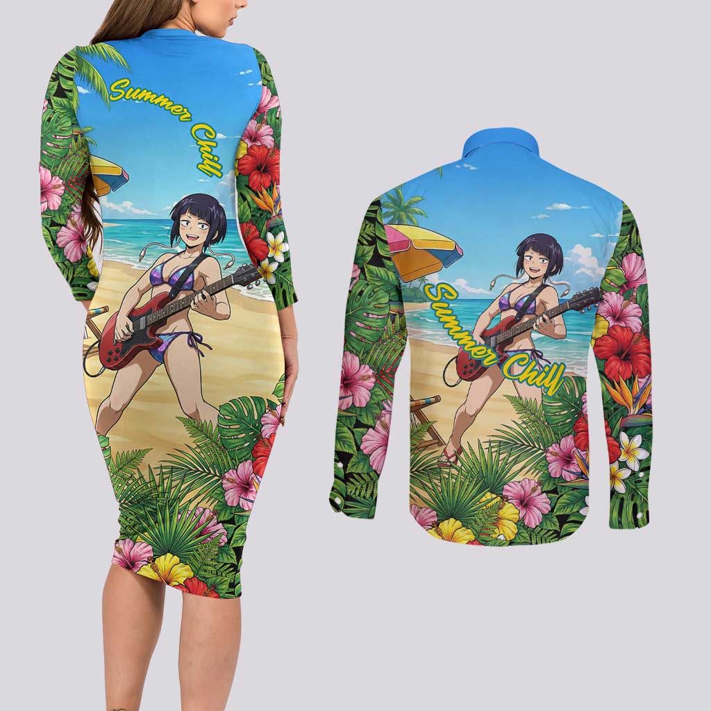 Kyoka Jiro Summer Chill Couples Matching Long Sleeve Bodycon Dress and Long Sleeve Button Shirt Tropical Anime Rock Vibes
