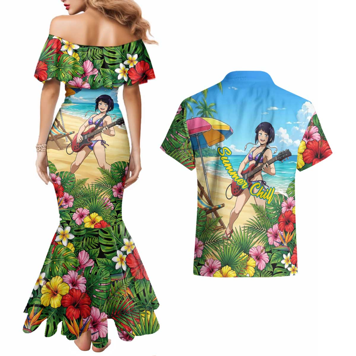 Kyoka Jiro Summer Chill Couples Matching Mermaid Dress and Hawaiian Shirt Tropical Anime Rock Vibes