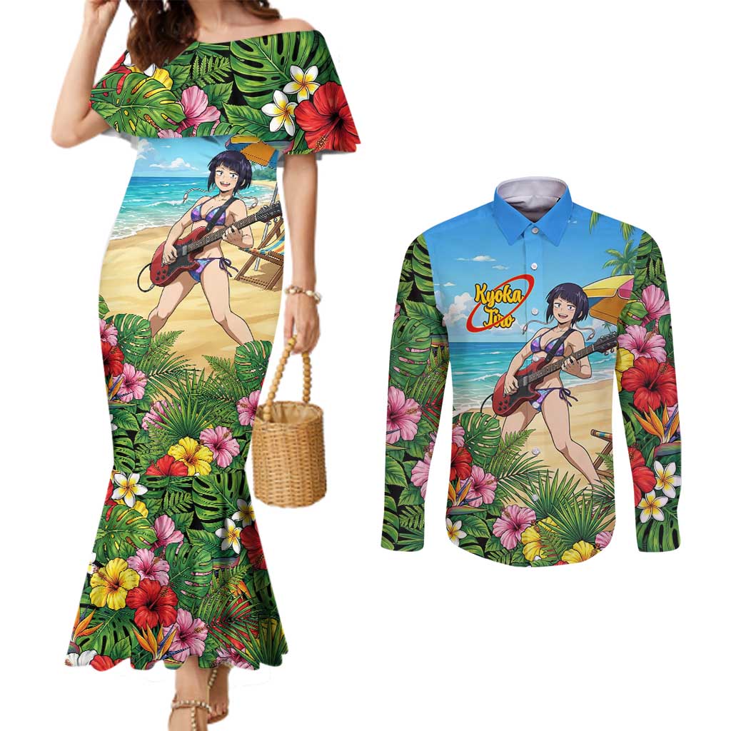 Kyoka Jiro Summer Chill Couples Matching Mermaid Dress and Long Sleeve Button Shirt Tropical Anime Rock Vibes