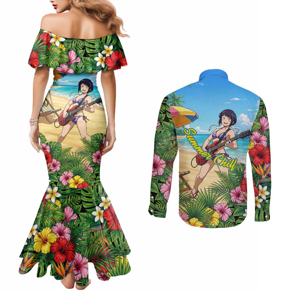 Kyoka Jiro Summer Chill Couples Matching Mermaid Dress and Long Sleeve Button Shirt Tropical Anime Rock Vibes