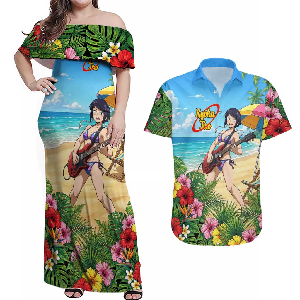 Kyoka Jiro Summer Chill Couples Matching Off Shoulder Maxi Dress and Hawaiian Shirt Tropical Anime Rock Vibes