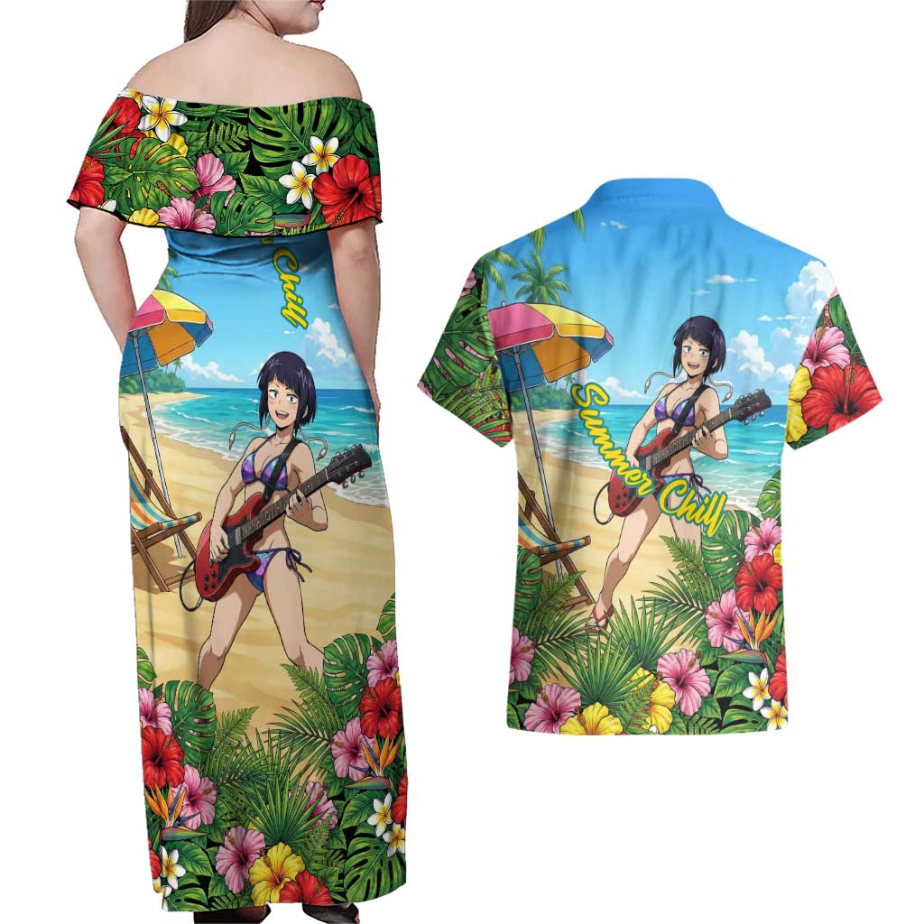 Kyoka Jiro Summer Chill Couples Matching Off Shoulder Maxi Dress and Hawaiian Shirt Tropical Anime Rock Vibes
