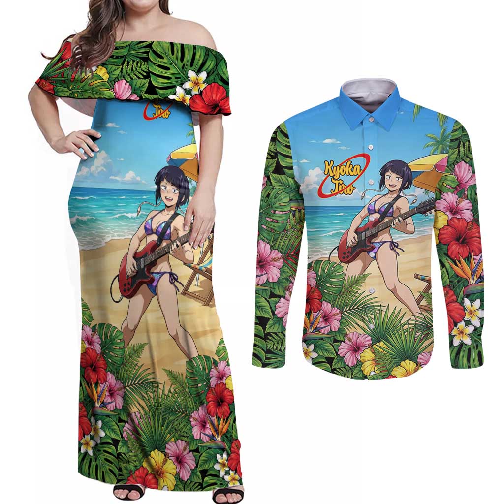 Kyoka Jiro Summer Chill Couples Matching Off Shoulder Maxi Dress and Long Sleeve Button Shirt Tropical Anime Rock Vibes
