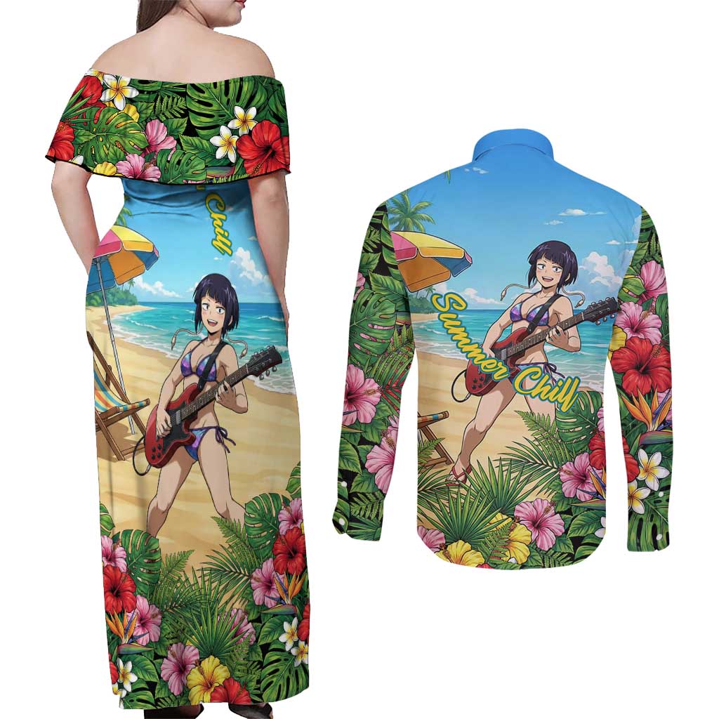 Kyoka Jiro Summer Chill Couples Matching Off Shoulder Maxi Dress and Long Sleeve Button Shirt Tropical Anime Rock Vibes
