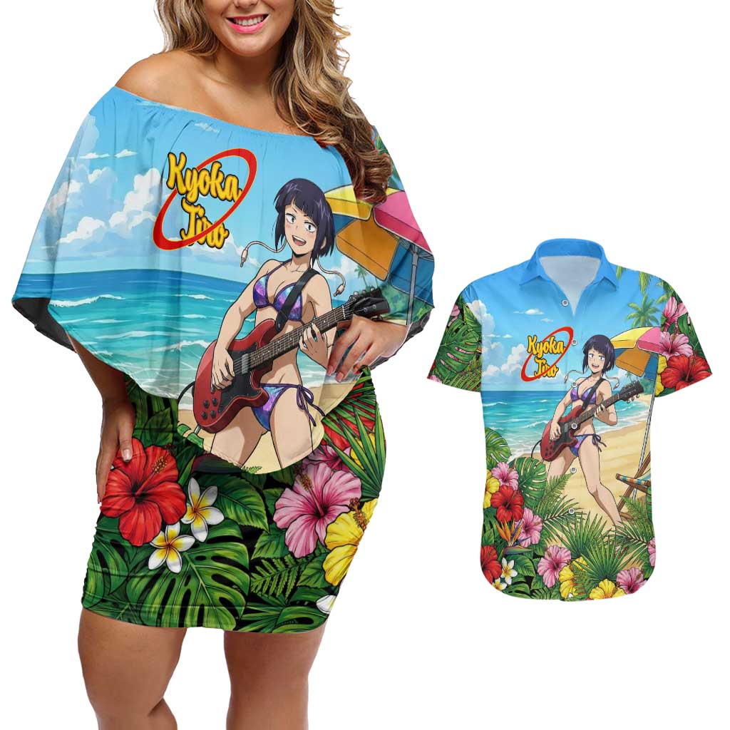 Kyoka Jiro Summer Chill Couples Matching Off Shoulder Short Dress and Hawaiian Shirt Tropical Anime Rock Vibes