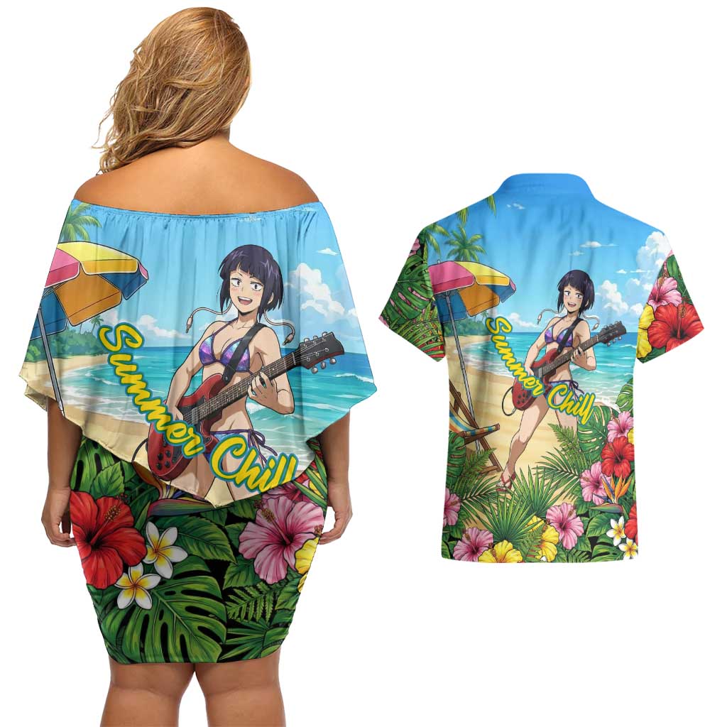 Kyoka Jiro Summer Chill Couples Matching Off Shoulder Short Dress and Hawaiian Shirt Tropical Anime Rock Vibes